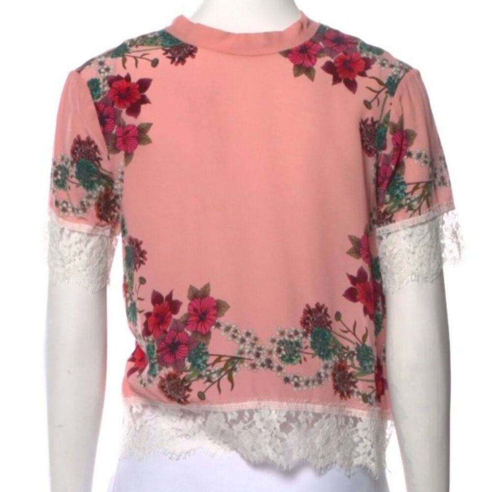 Sandro Pink Silk Lace Trim Floral Print Crop Top Size: S (Orig. $225) - Picture 5 of 5